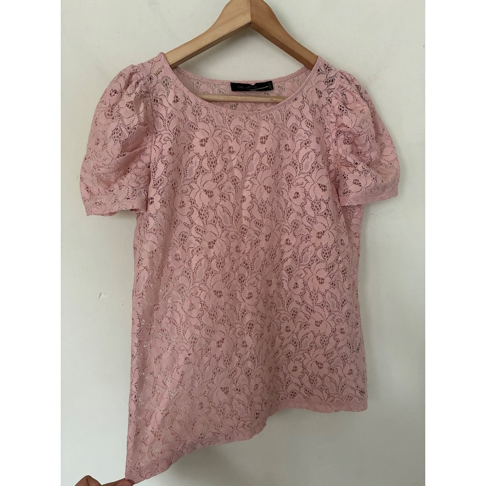 The Limited Cottagecore Pink Floral Lace Puff Sleeve Scoop Neck Blouse Top M